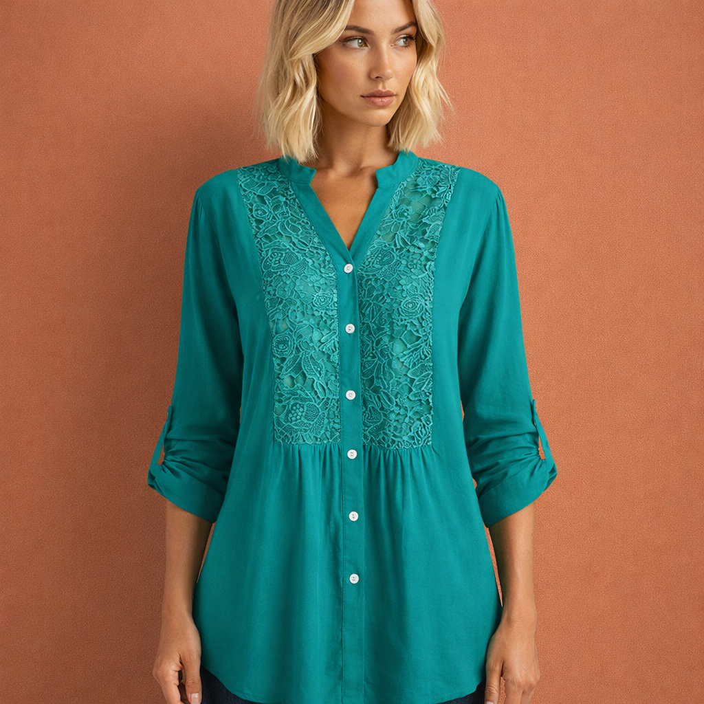 Celeste | Lace Bib Front Button-Up Tunic Blouse