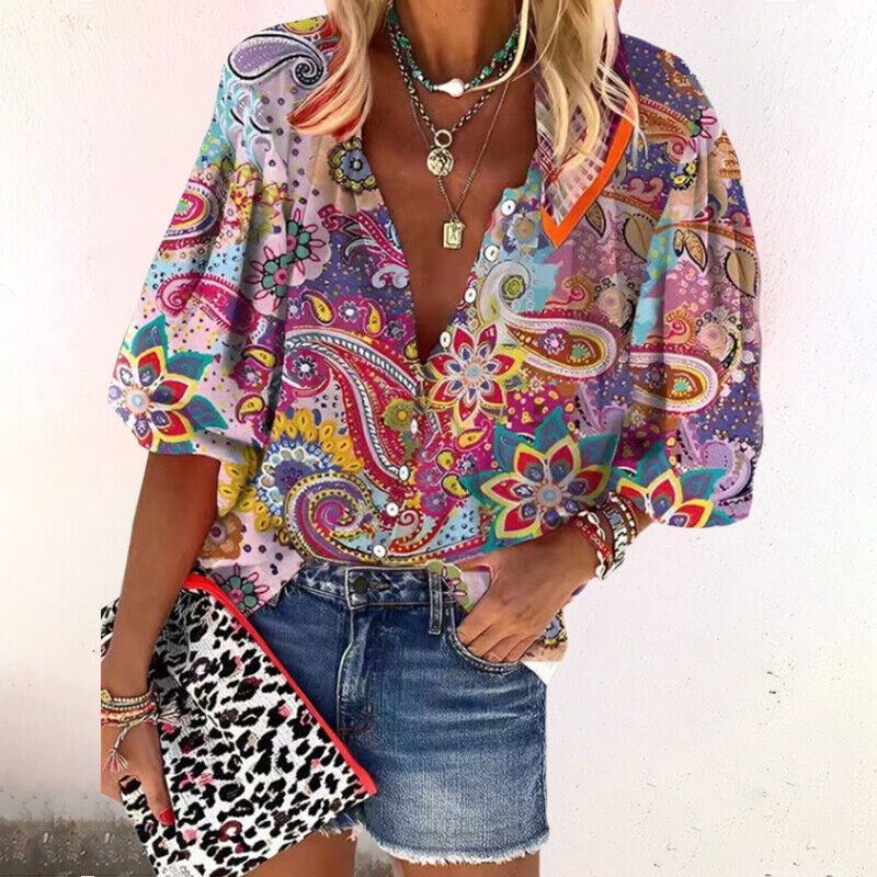 Isolde | Women's Printed V-neck Blouse Boho Floral Top