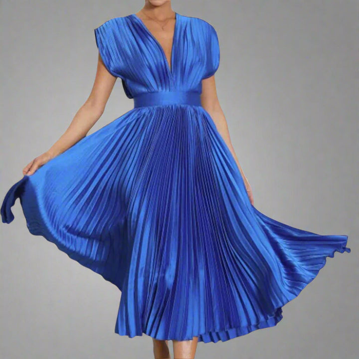 Vivienne | Deep V-Neck Womens Pleated Midi Dress with Padded Shoulders