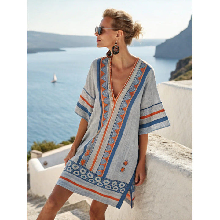 Thessaly | Tribal Print Kaftan V-Neck Summer Dress