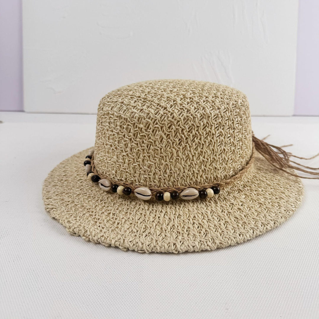 Marisol | Women's Wide Brim Crochet Hat with Shell and Bead Trim Detail