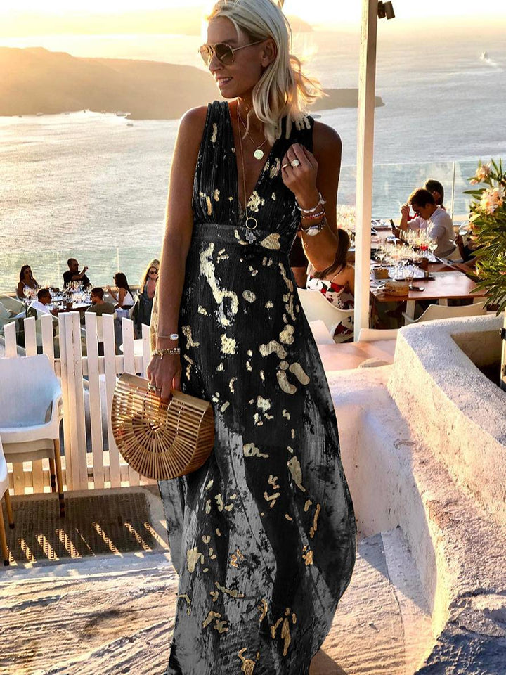 Solange | Metallic Foil Print Maxi Summer Dress