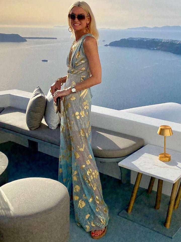 Solange | Metallic Foil Print Maxi Summer Dress