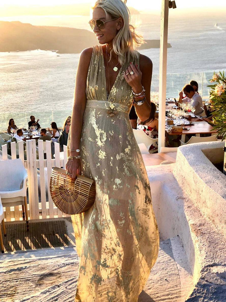 Solange | Metallic Foil Print Maxi Summer Dress