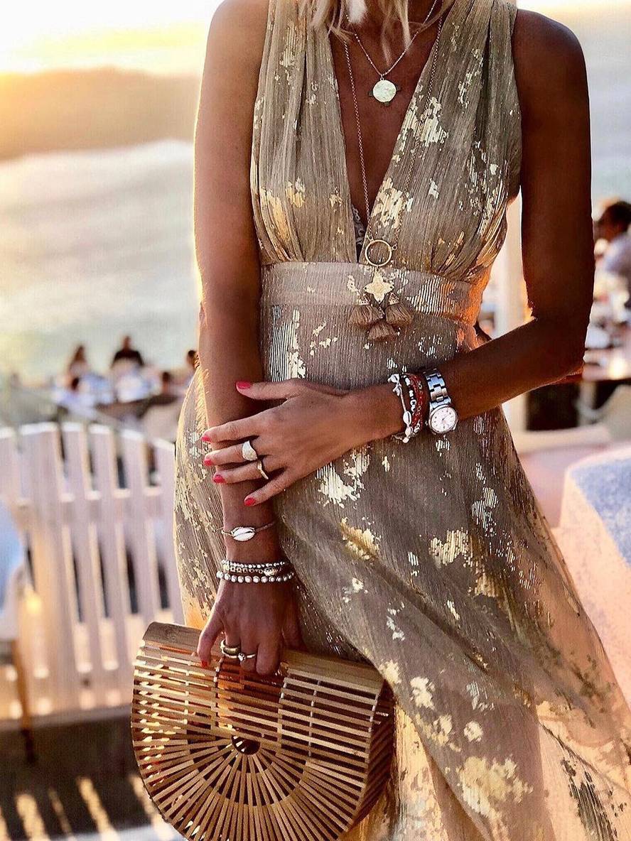 Solange | Metallic Foil Print Maxi Summer Dress