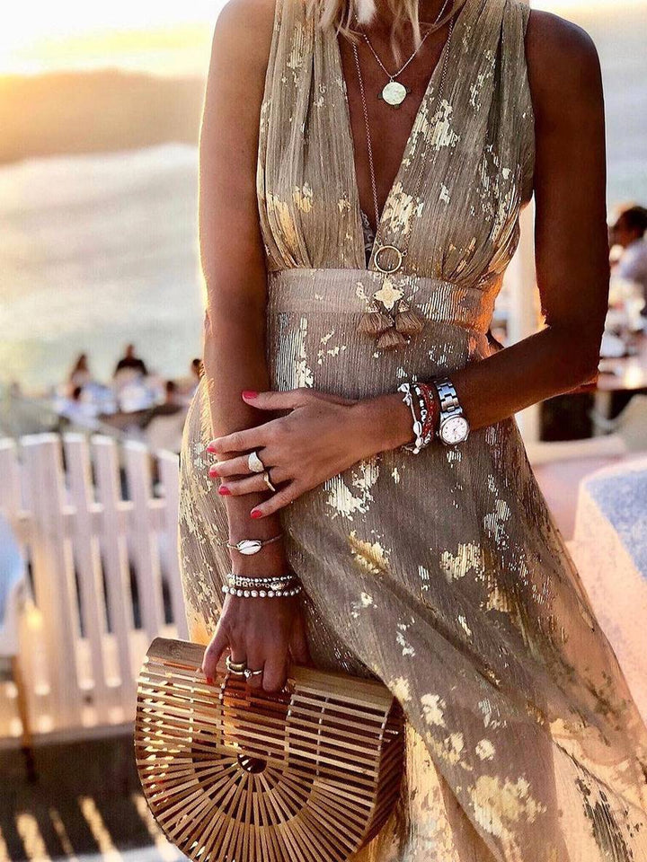 Solange | Metallic Foil Print Maxi Summer Dress
