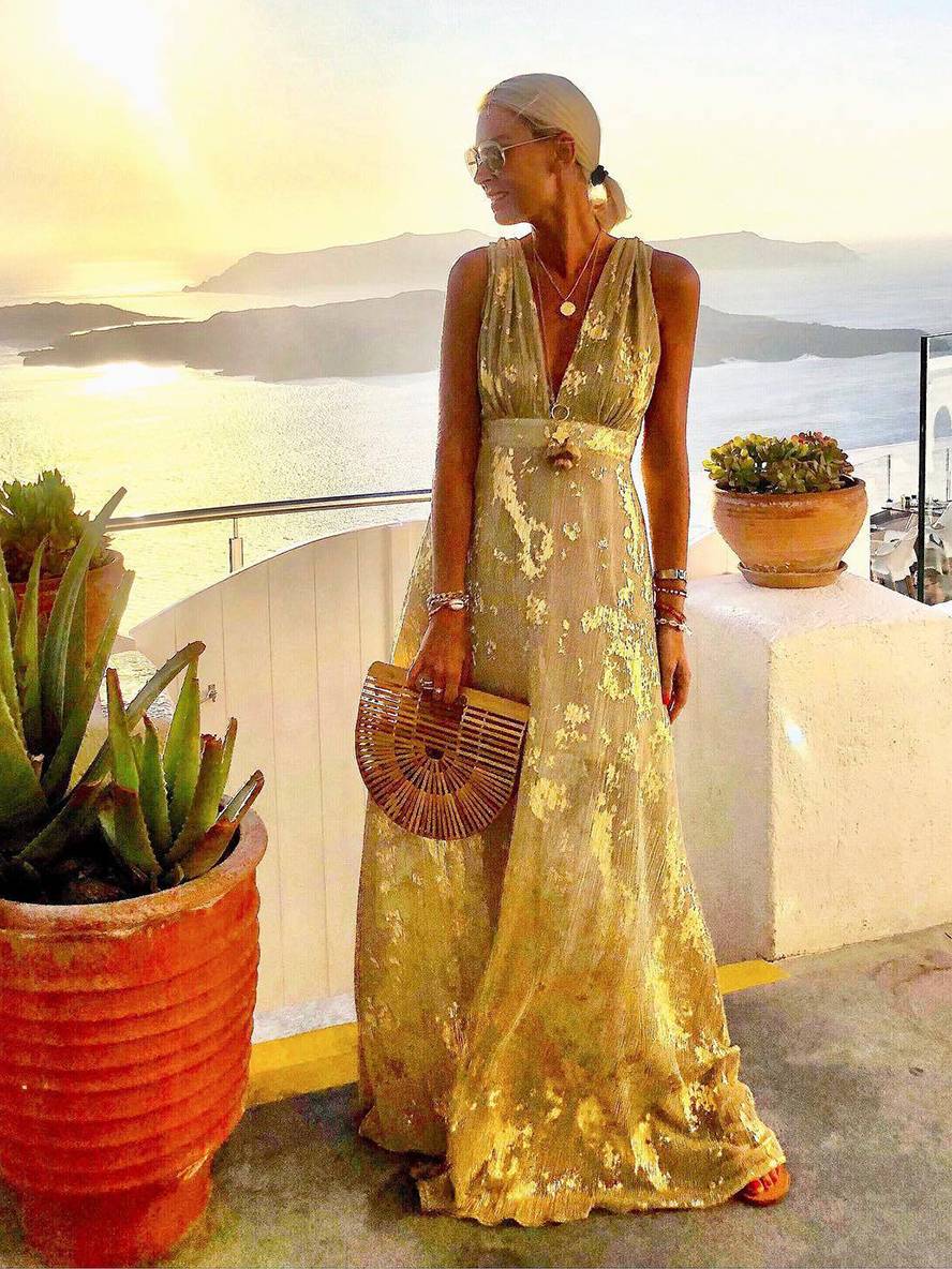 Solange | Metallic Foil Print Maxi Summer Dress