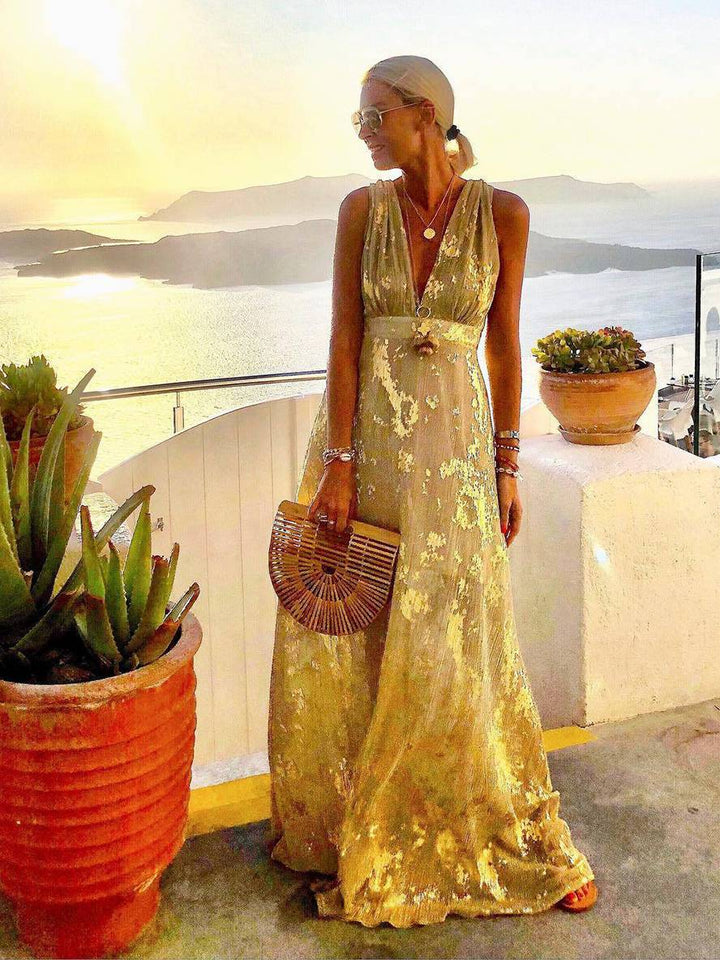 Solange | Metallic Foil Print Maxi Summer Dress