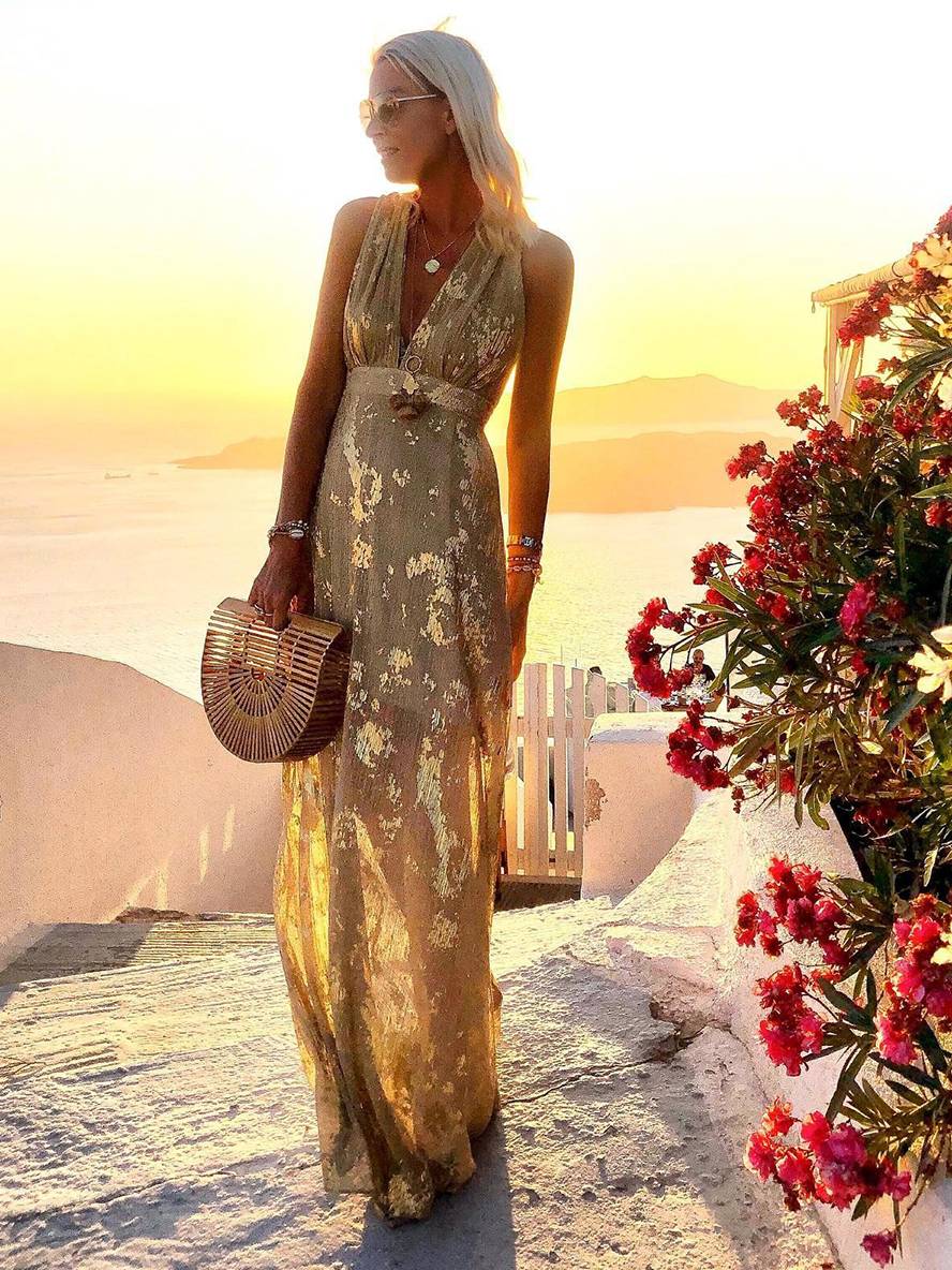Solange | Metallic Foil Print Maxi Summer Dress