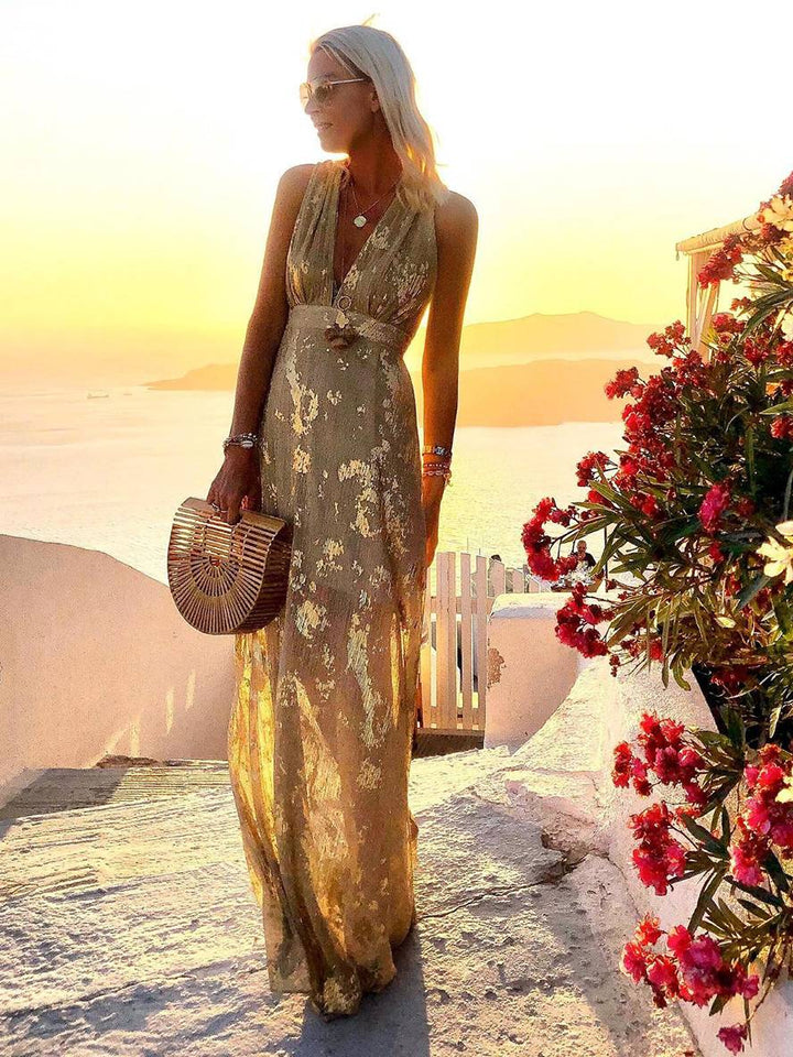 Solange | Metallic Foil Print Maxi Summer Dress