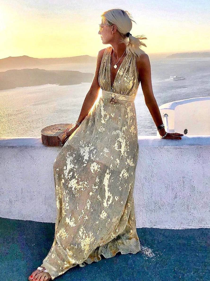 Solange | Metallic Foil Print Maxi Summer Dress