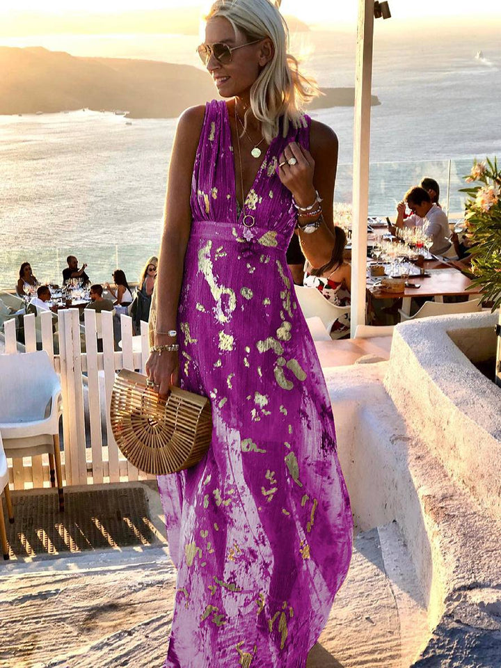 Solange | Metallic Foil Print Maxi Summer Dress