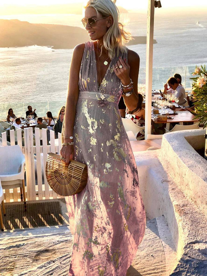 Solange | Metallic Foil Print Maxi Summer Dress