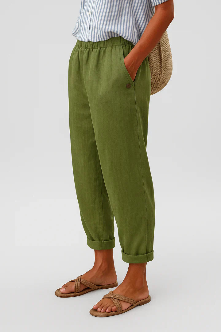 Santorini | Relaxed Tapered Cuffed Linen Pants with Elastic Waist