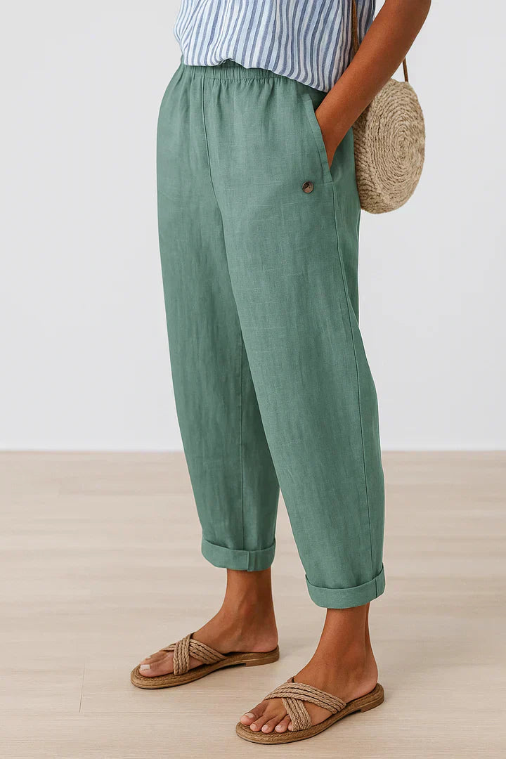 Santorini | Relaxed Tapered Cuffed Linen Pants with Elastic Waist
