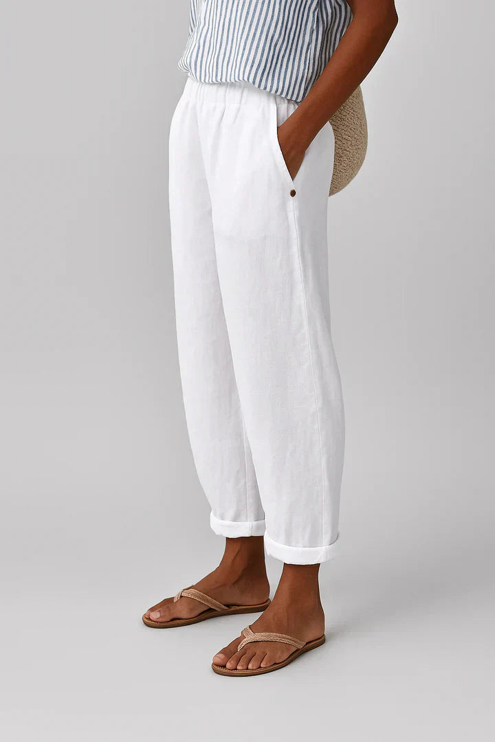 Santorini | Relaxed Tapered Cuffed Linen Pants with Elastic Waist