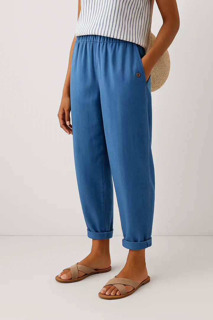 Santorini | Relaxed Tapered Cuffed Linen Pants with Elastic Waist