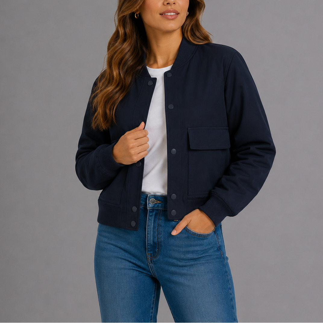 Estelle | Women's Bomber Jacket – Ribbed-Trim Front Flap Pockets