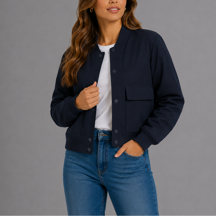Estelle | Women's Bomber Jacket – Ribbed-Trim Front Flap Pockets
