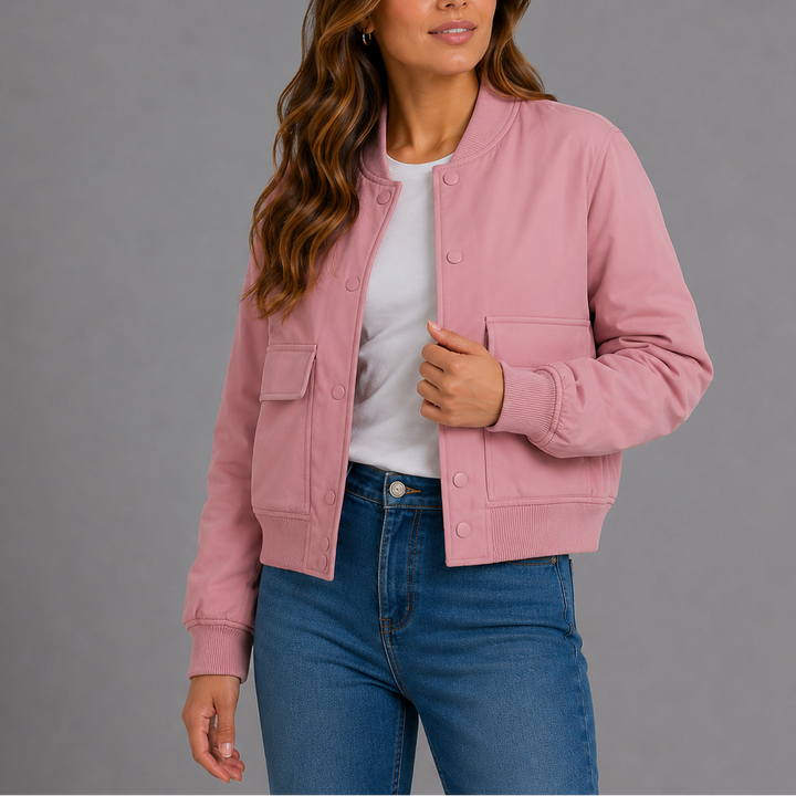 Estelle | Women's Bomber Jacket – Ribbed-Trim Front Flap Pockets