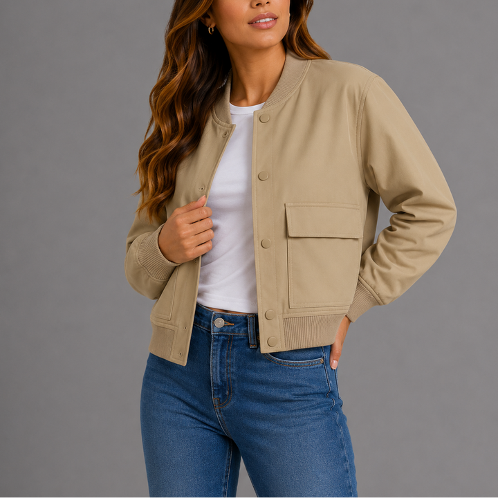 Estelle | Women's Bomber Jacket – Ribbed-Trim Front Flap Pockets