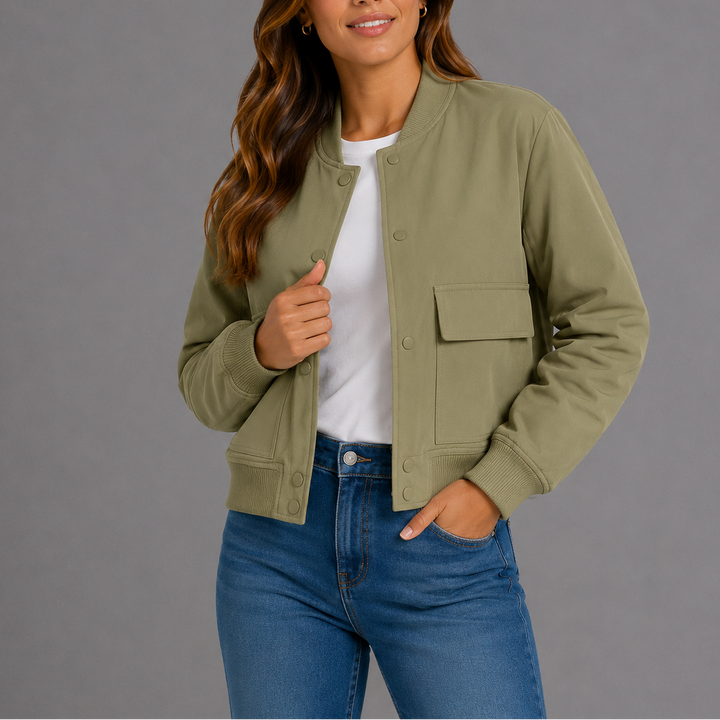 Estelle | Women's Bomber Jacket – Ribbed-Trim Front Flap Pockets