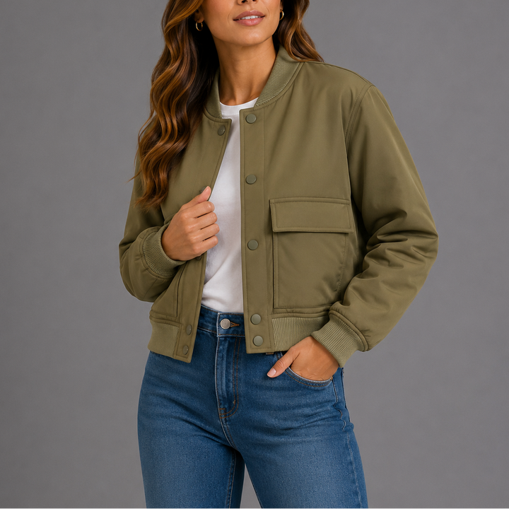 Estelle | Women's Bomber Jacket – Ribbed-Trim Front Flap Pockets