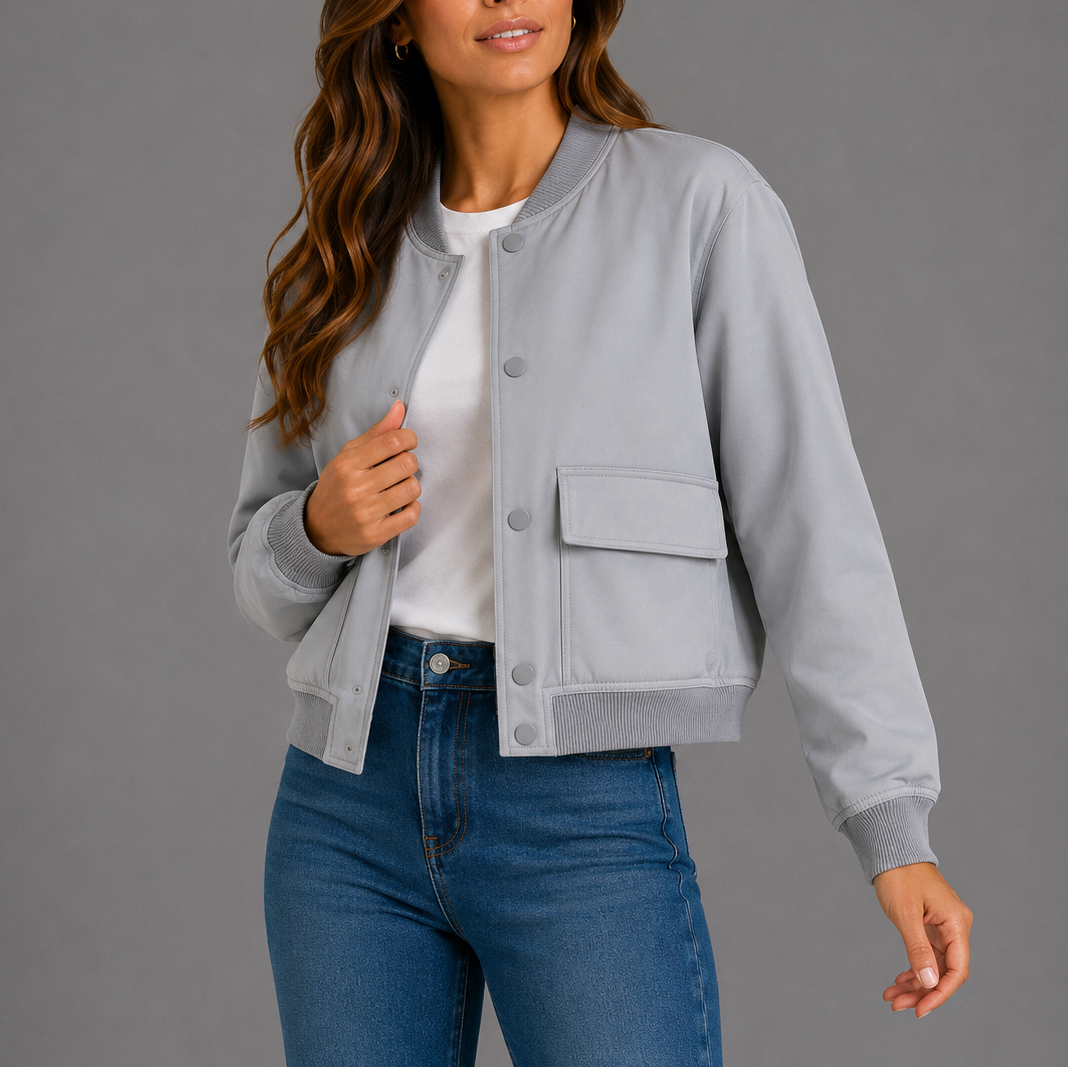 Estelle | Women's Bomber Jacket – Ribbed-Trim Front Flap Pockets