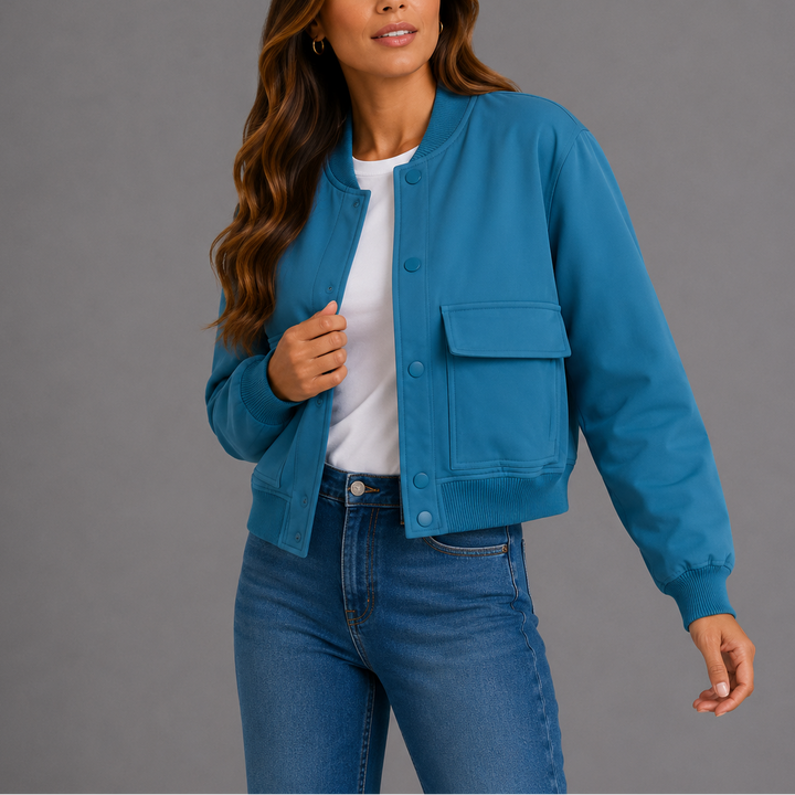 Estelle | Women's Bomber Jacket – Ribbed-Trim Front Flap Pockets