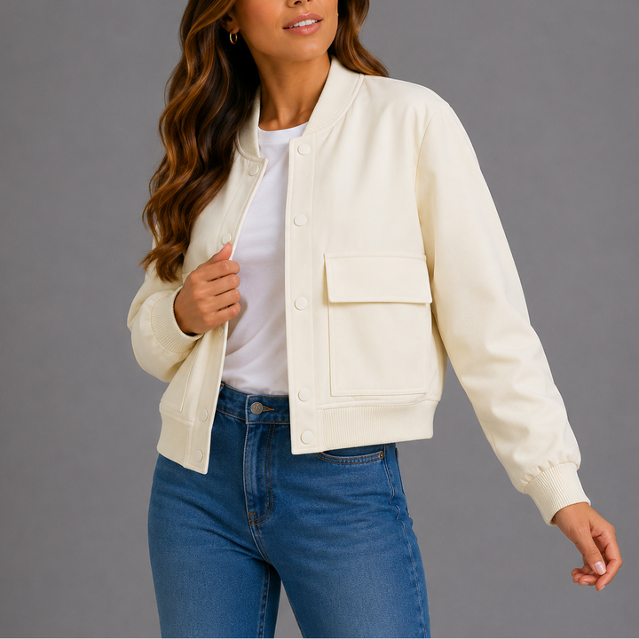 Estelle | Women's Bomber Jacket – Ribbed-Trim Front Flap Pockets