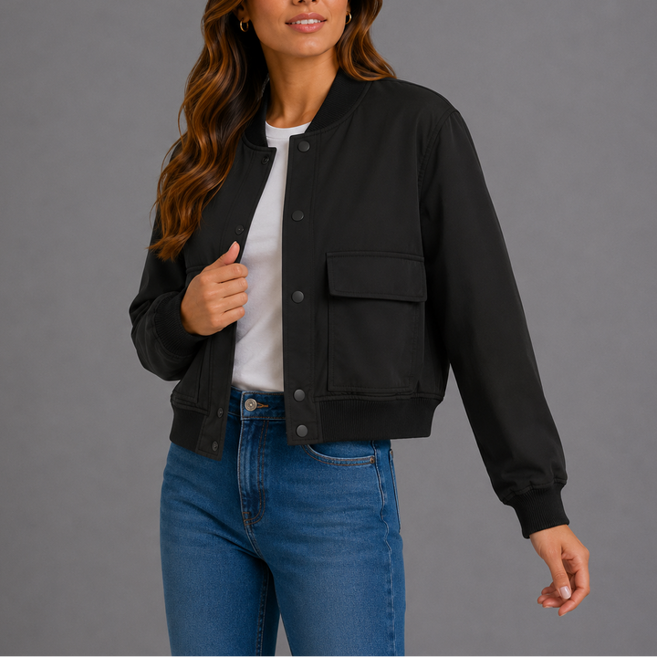Estelle | Women's Bomber Jacket – Ribbed-Trim Front Flap Pockets