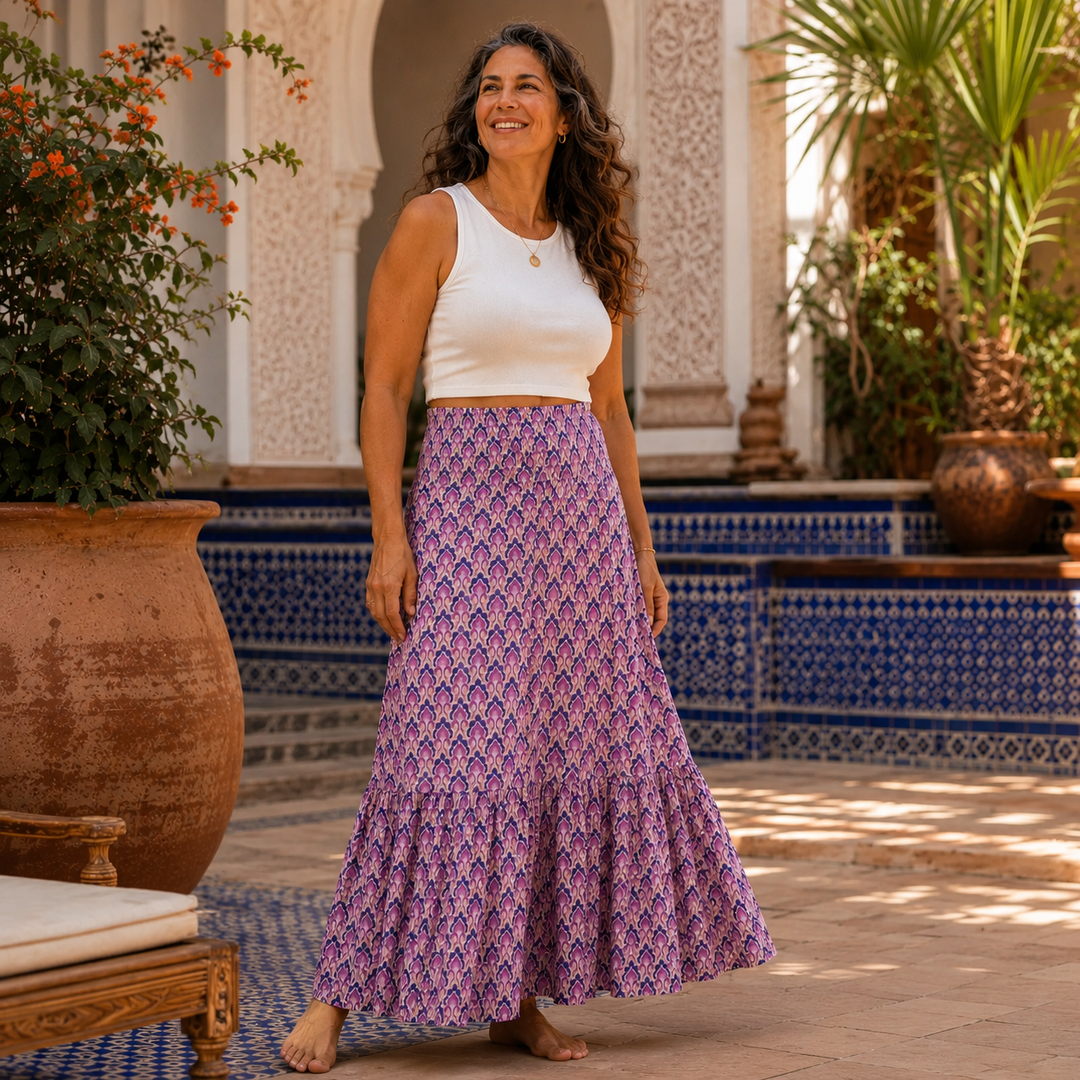 Yasmine | Women's Maxi Skirt – Boho Tiered Ornamental Print A-Line Design