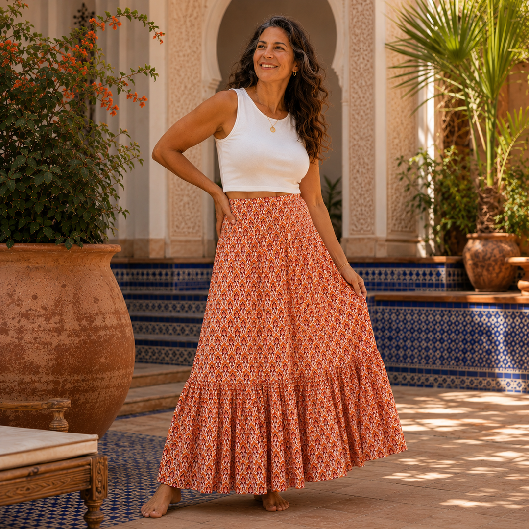 Yasmine | Women's Maxi Skirt – Boho Tiered Ornamental Print A-Line Design