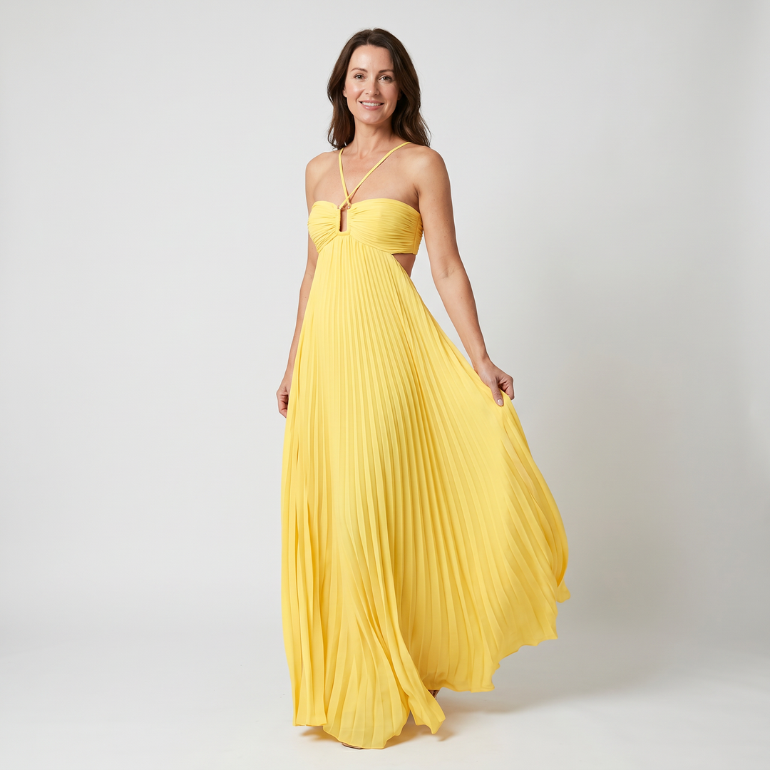 Aurore | Crossback Pleated Maxi Dress with Cutout Bodice