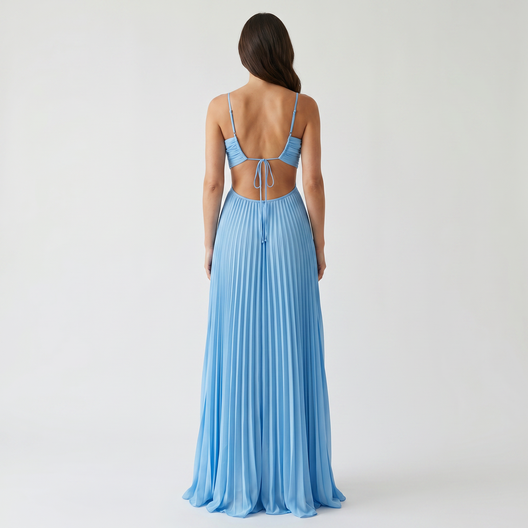 Aurore | Crossback Pleated Maxi Dress with Cutout Bodice