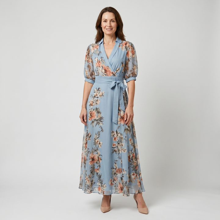 Ophelia | Women's Chiffon Wrap Maxi Wedding Guest Dress – V-Neck Floral Print