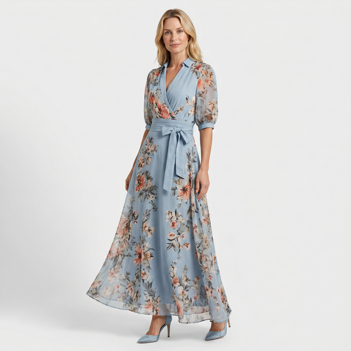 Ophelia | Women's Chiffon Wrap Maxi Wedding Guest Dress – V-Neck Floral Print
