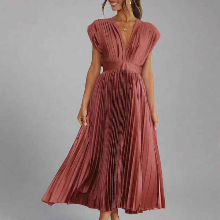 Vivienne | Deep V-Neck Womens Pleated Midi Dress with Padded Shoulders