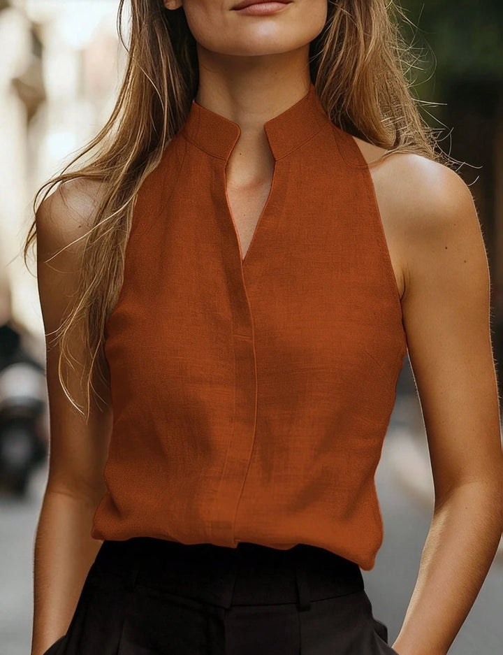 Elodie | Women's Sleeveless Blouse with Split Mandarin Collar Design