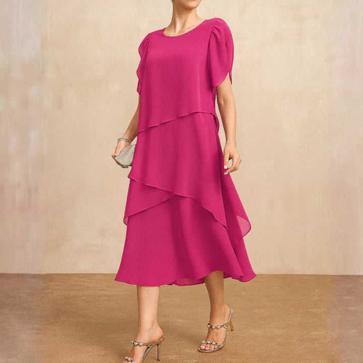 Cascadia | Tiered Flutter Sleeve Womens Pleated Midi Dress in Chiffon