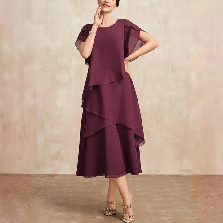 Cascadia | Tiered Flutter Sleeve Womens Pleated Midi Dress in Chiffon