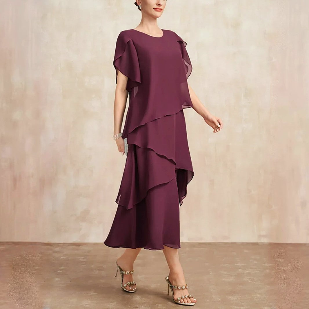 Cascadia | Tiered Flutter Sleeve Womens Pleated Midi Dress in Chiffon