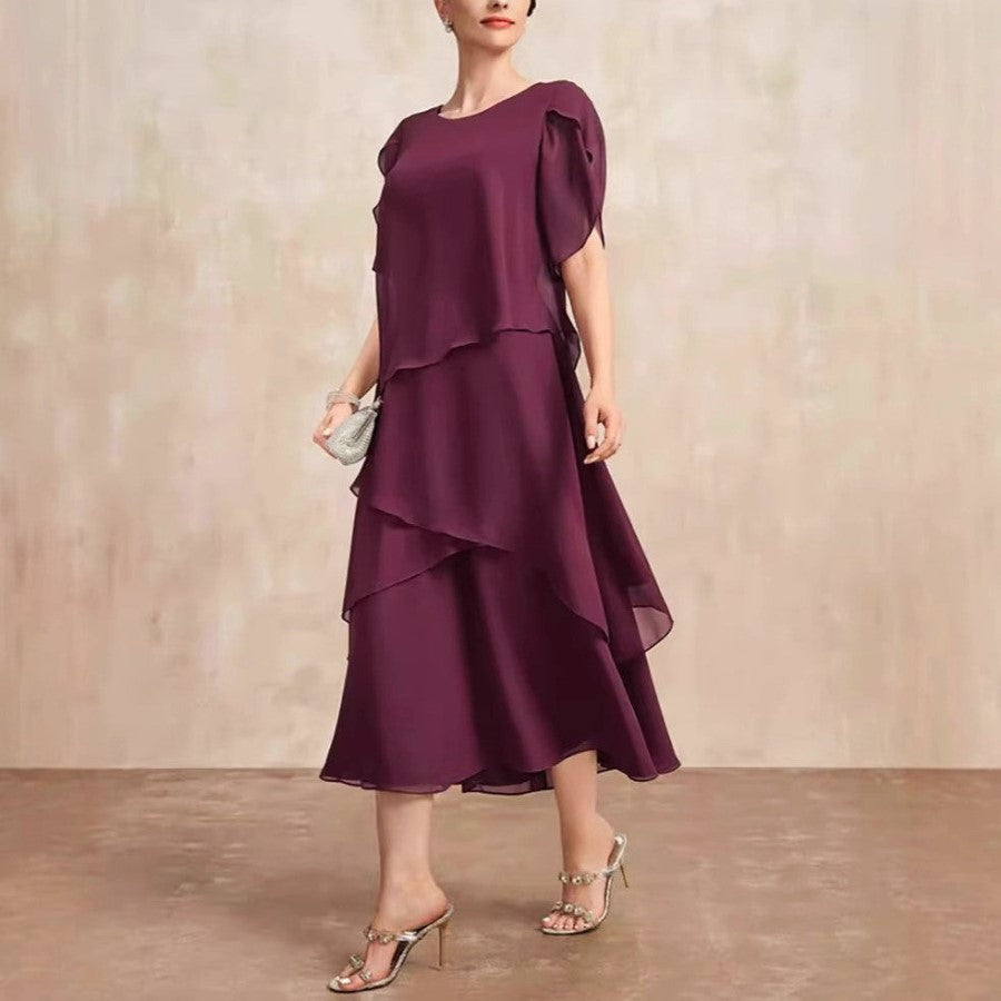 Cascadia | Tiered Flutter Sleeve Womens Pleated Midi Dress in Chiffon