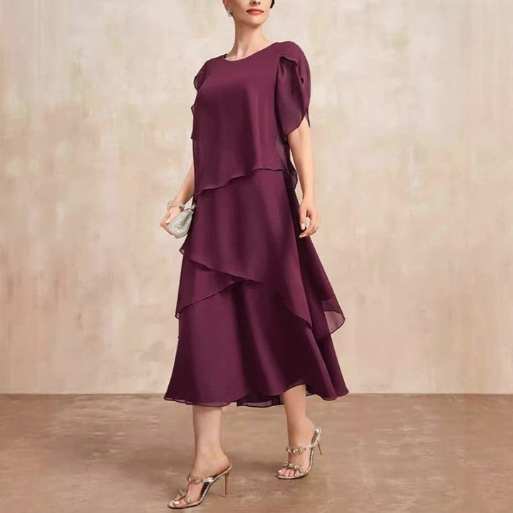 Cascadia | Tiered Flutter Sleeve Womens Pleated Midi Dress in Chiffon