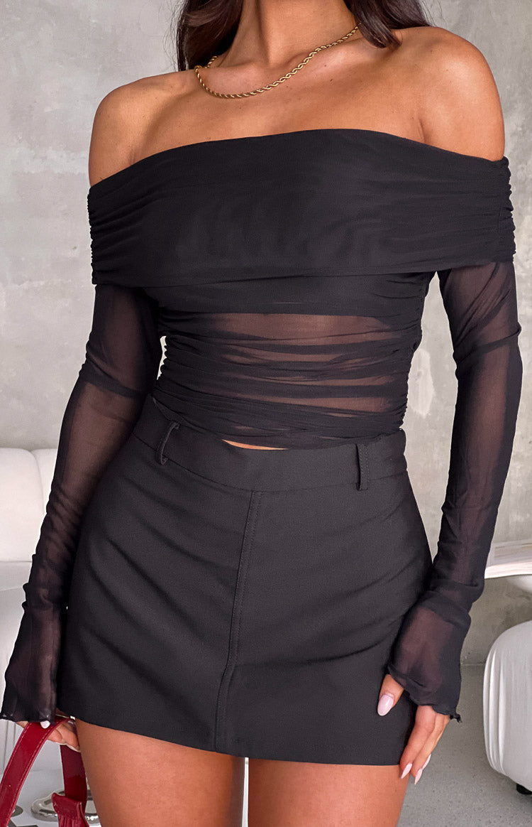 Raven | Mesh Panel Ruched Long Sleeve Off Shoulder Dress