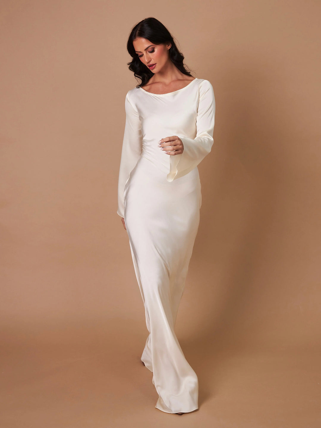 Anouk | Women's Long Sleeve Satin Maxi Dress with Draped Cowl Neck Detail
