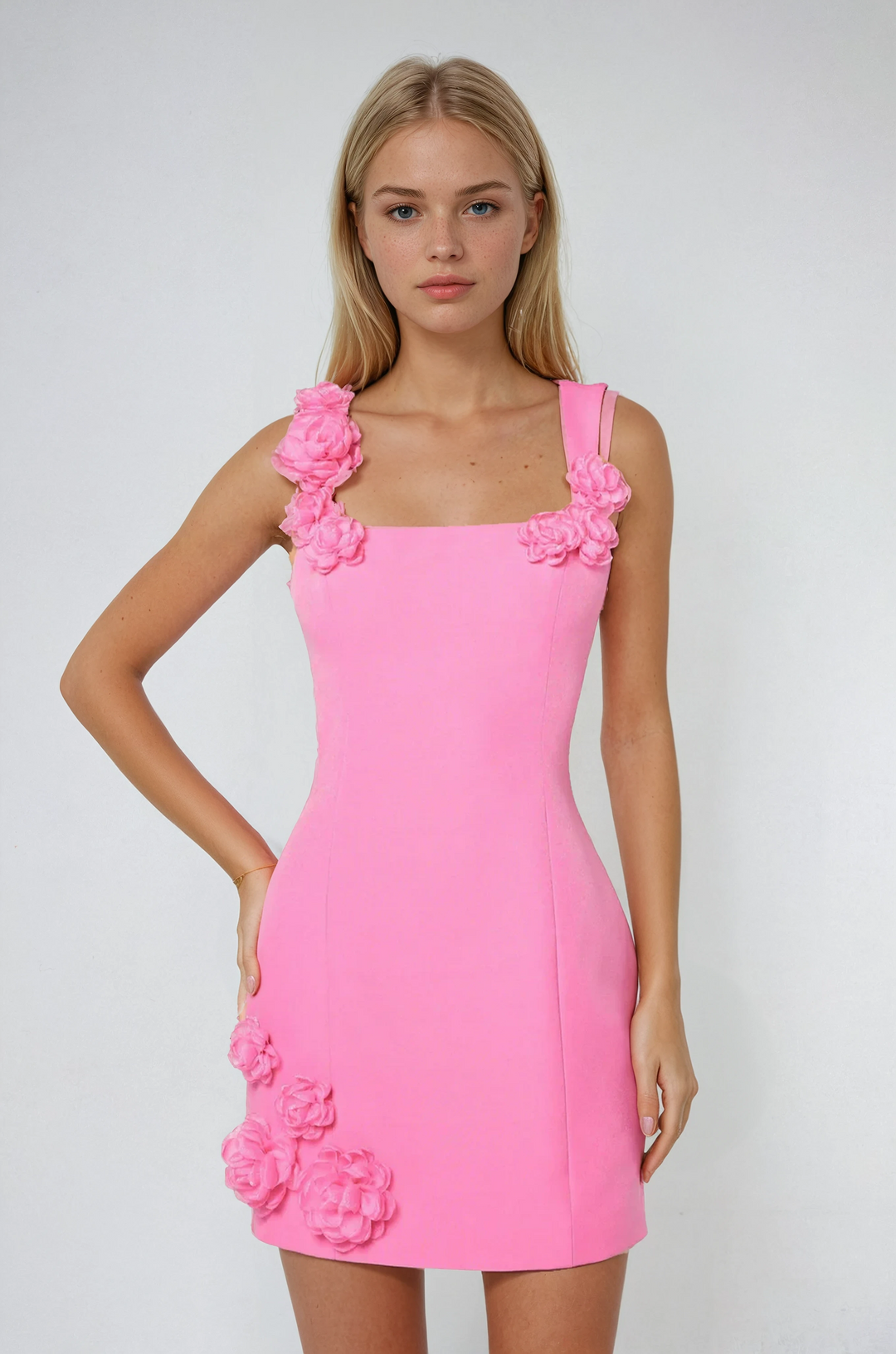 Rosalind | Women's 3D Floral Applique Square Neck Mini Dress