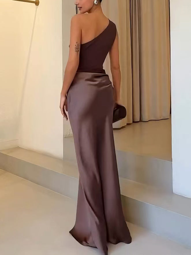 Serena | Ruched Satin One Shoulder Off Shoulder Dress