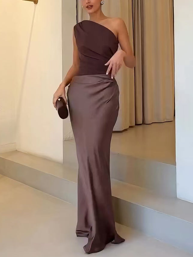 Serena | Ruched Satin One Shoulder Off Shoulder Dress