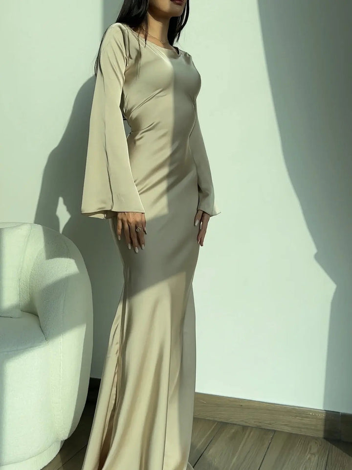 Anouk | Women's Long Sleeve Satin Maxi Dress with Draped Cowl Neck Detail